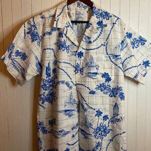 Men's Blue and White Vintage Barcloth Hawaiian Shirt Size XL